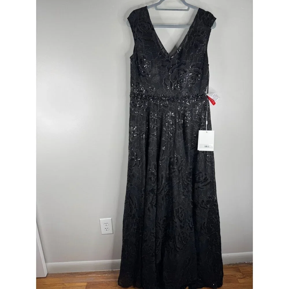 NWT Mac Duggal 12413 Embroidered Cap Sleeve A Line Black Floral Dress Size 12 - Picture 3 of 5